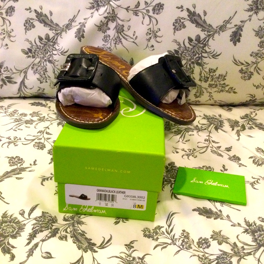 Sam Edelman black leather buckle slides 8 new in box never worn